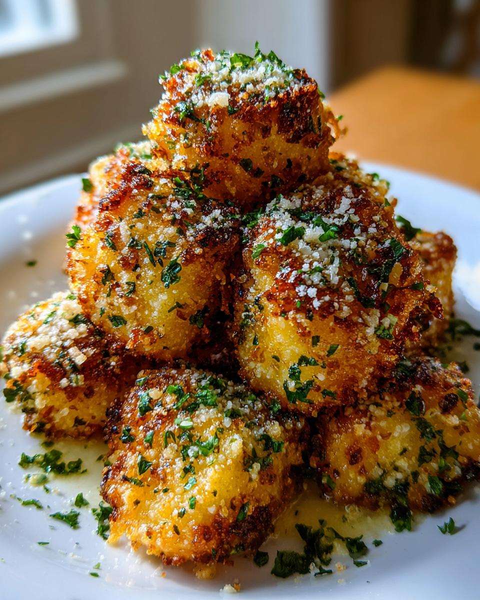 A stack of golden brown, crispy chicken bites topped with grated Parmesan and fresh parsley.