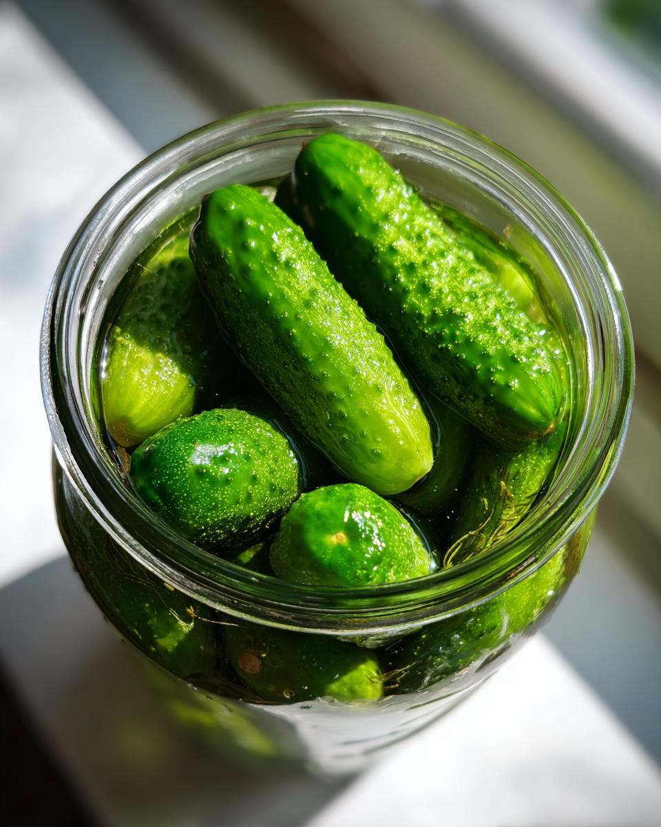 Overhead view of fresh, bumpy cucumbers packed tightly in a glass jar for making refrigerator pickles.