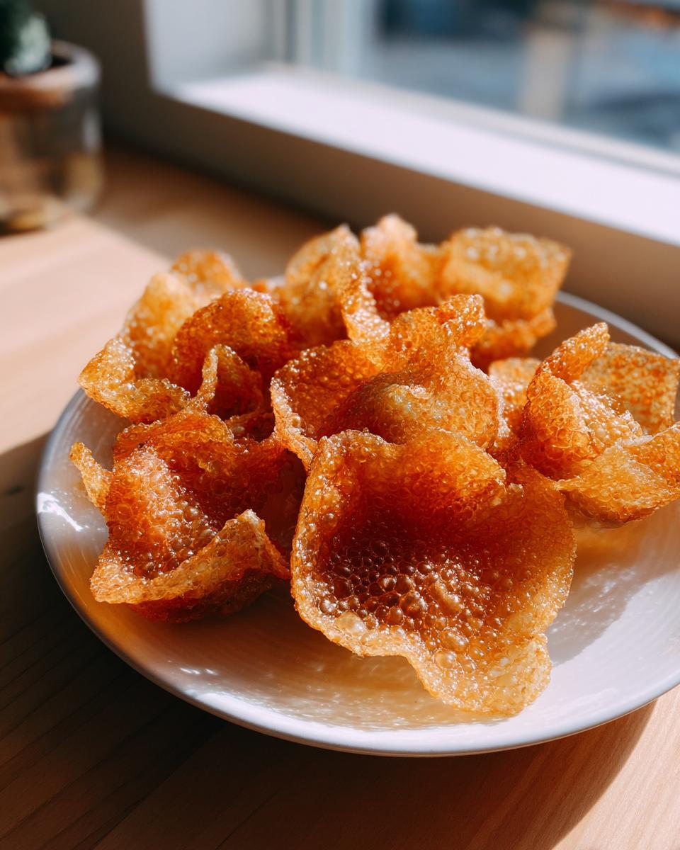 A plate of golden brown, crispy fried shells made from rice paper dumplings wrappers, catching sunlight.