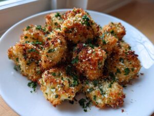 A pile of golden brown, crispy chicken bites coated in breading, Parmesan cheese, and fresh parsley on a white plate.
