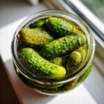 Overhead view of small, bumpy cucumbers packed tightly in a jar for refrigerator pickles, submerged in brine.