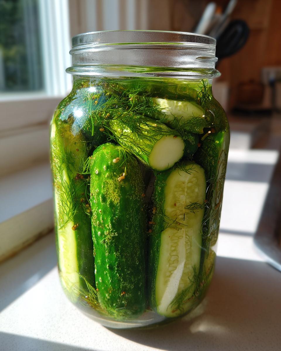 Close-up of fresh refrigerator pickles packed tightly in a glass jar with dill and spices.