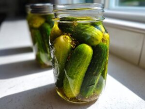 Close-up of fresh refrigerator pickles packed tightly in a glass jar with brine and mustard seeds.