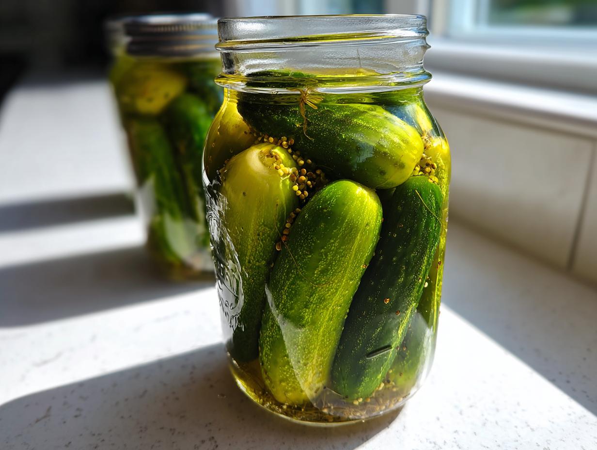 Close-up of fresh refrigerator pickles packed tightly in a glass jar with brine and mustard seeds.