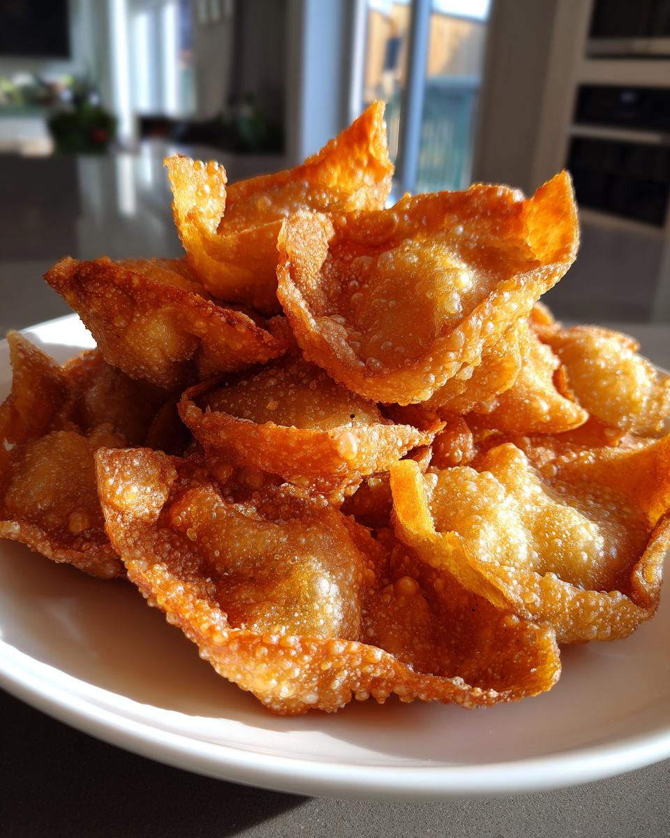 A close-up of golden brown, crispy fried rice paper dumplings piled high on a white plate.