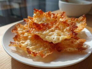 Close-up of crispy, golden-brown fried rice paper dumplings wrappers piled on a white plate.