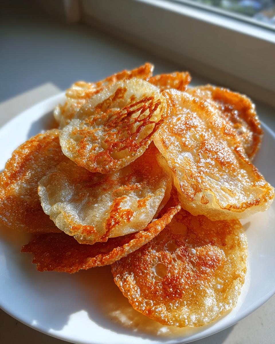 Close-up of several golden-brown, crispy rice paper dumplings piled on a white plate, showing pan-fried texture.
