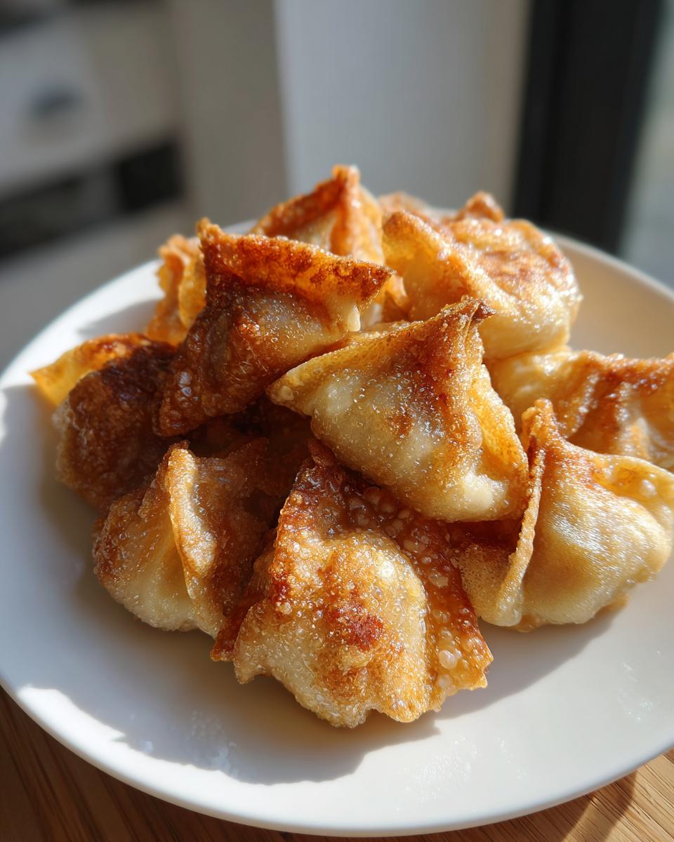 A pile of golden-brown, crispy pan-fried rice paper dumplings served on a white plate.