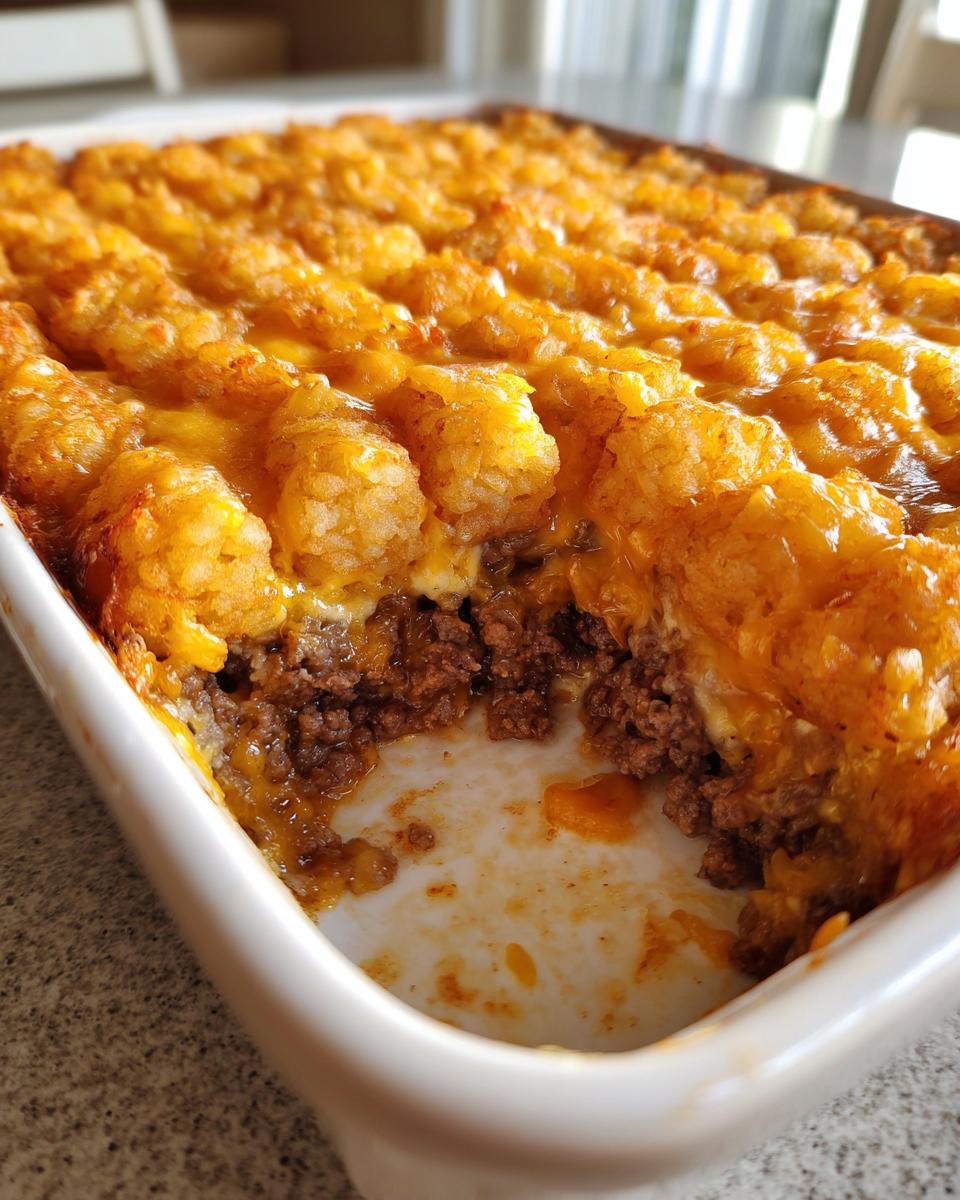 Close-up of a baked tater tot casserole showing the crispy tater tot topping and cheesy beef filling.