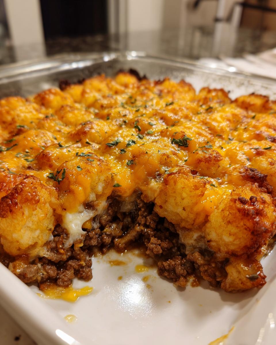 Close-up of a baked tater tot casserole showing a scoop removed, revealing ground beef filling and a crispy, cheesy tater tot topping.
