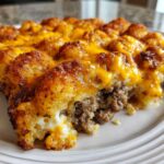 Close-up of a slice of tater tot casserole showing a crispy, browned tater top layer with melted cheddar cheese over seasoned ground meat.