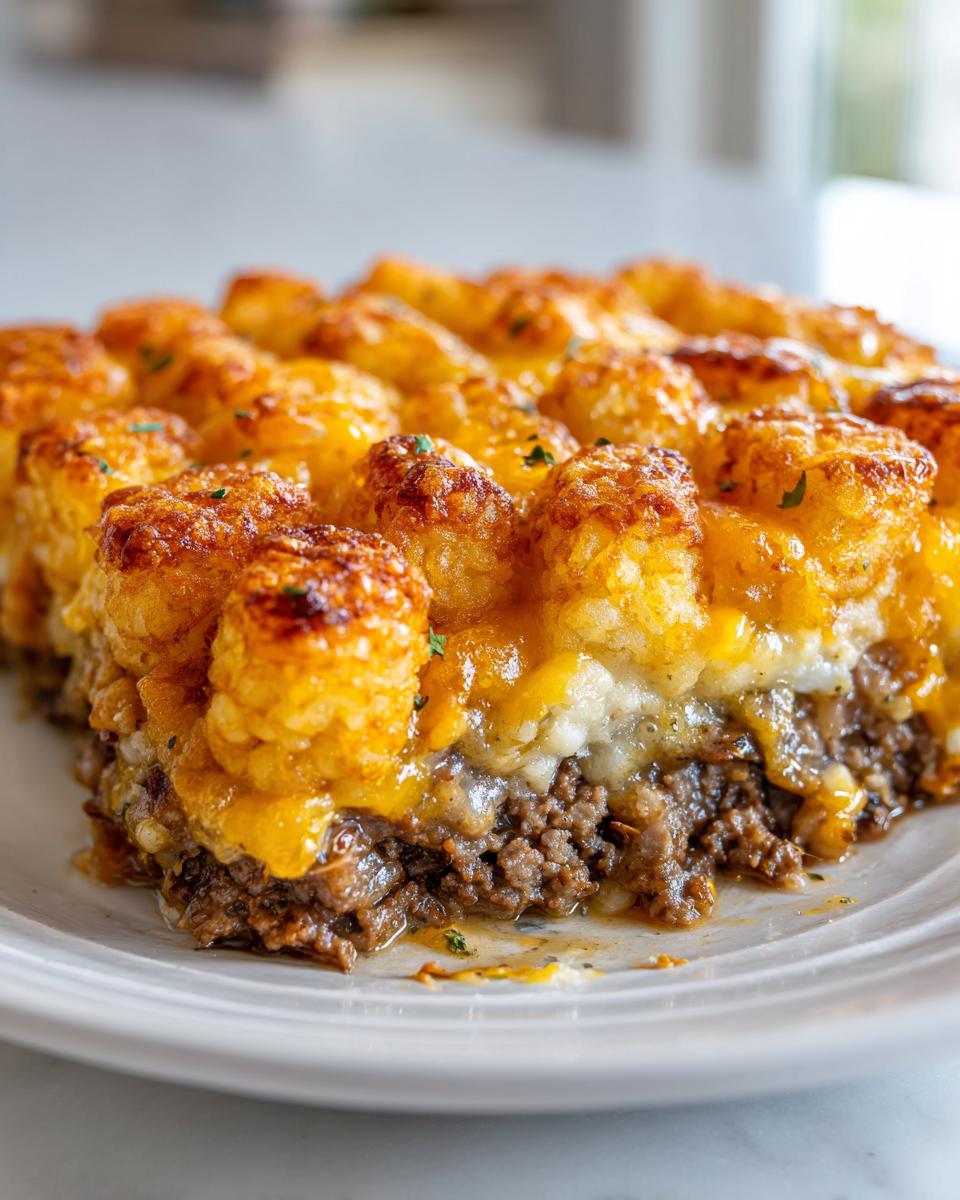 A thick slice of tater tot casserole showing crispy tots, melted cheese, and a savory ground beef layer.