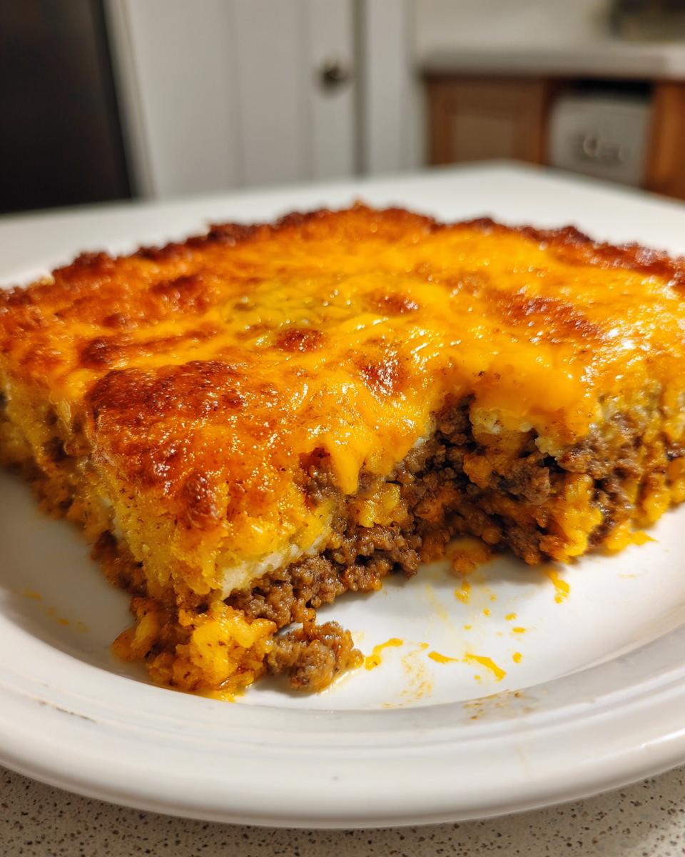 A close-up of a square serving of tater tot casserole with a thick, golden-brown melted cheese topping.