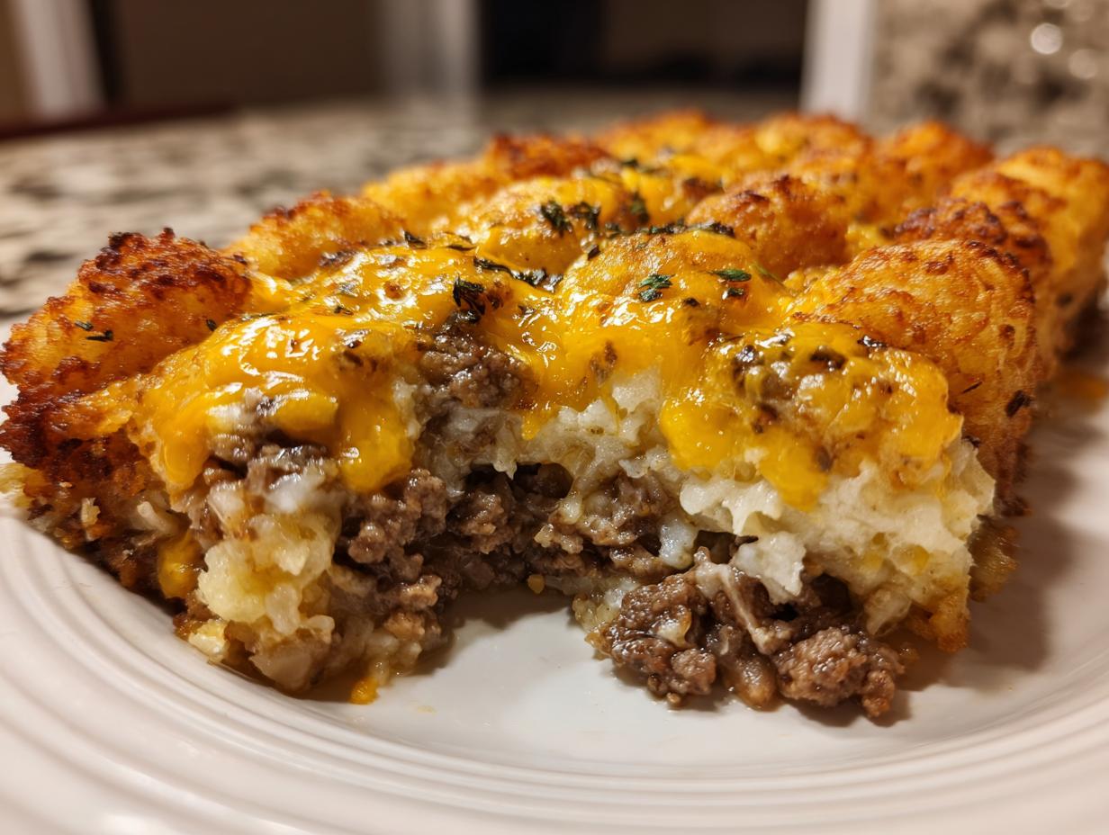 Close-up of a slice of tater tot casserole showing a crispy tater top, melted cheddar cheese, and a savory ground beef layer.