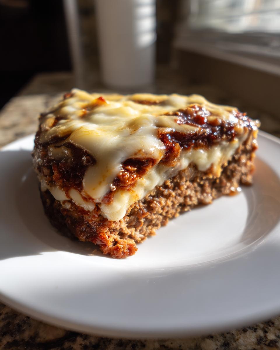 A close-up serving of crockpot french onion meatloaf topped with melted white cheese and caramelized onions.