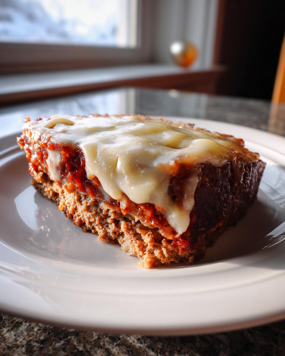 A close-up of a slice of crockpot french onion meatloaf topped with melted white cheese on a white plate.