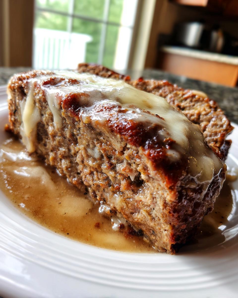 Close-up of a thick slice of crockpot french onion meatloaf topped with melted white cheese and sitting in savory brown gravy.