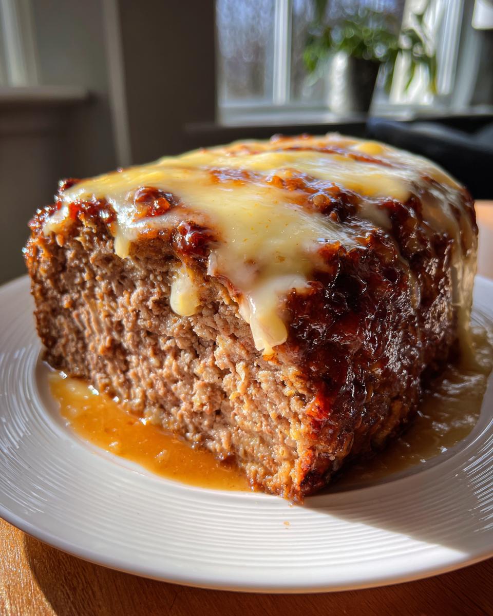 A thick slice of moist crockpot french onion meatloaf topped with melted cheese and savory glaze on a white plate.