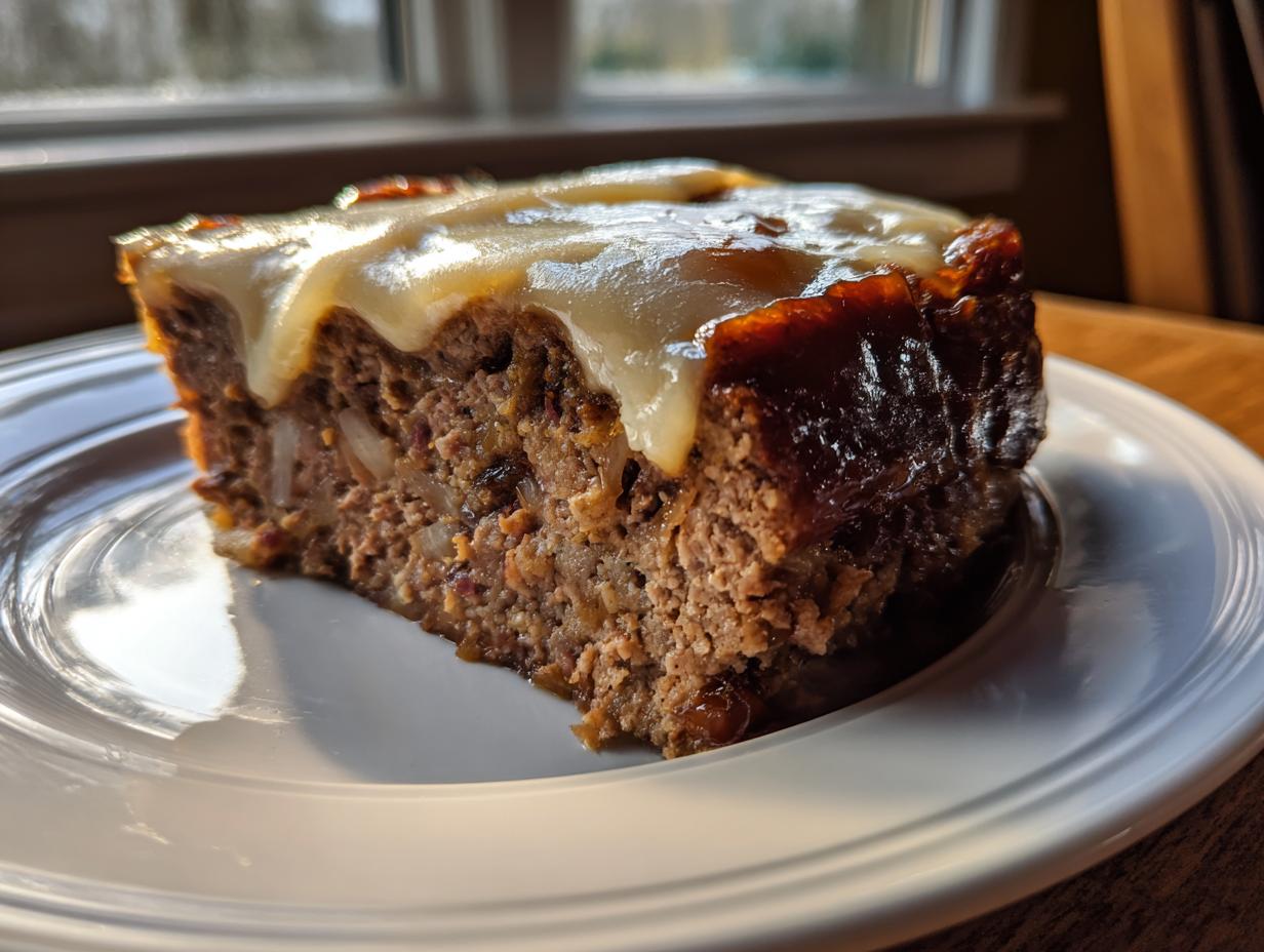 A close-up of a slice of crockpot french onion meatloaf topped with melted cheese or glaze on a white plate.