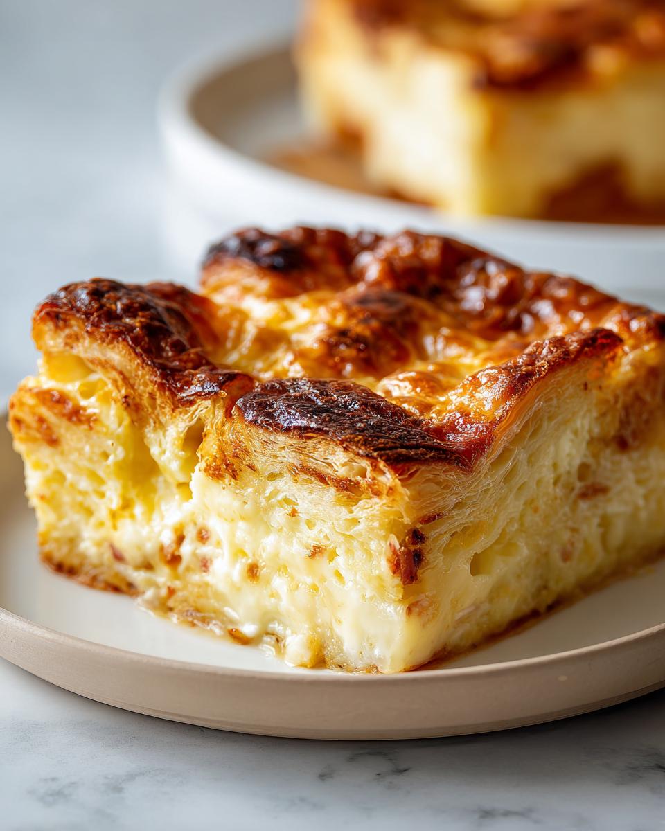 A close-up of a rich, creamy slice of Croissant Breakfast Casserole with a golden-brown, flaky top.