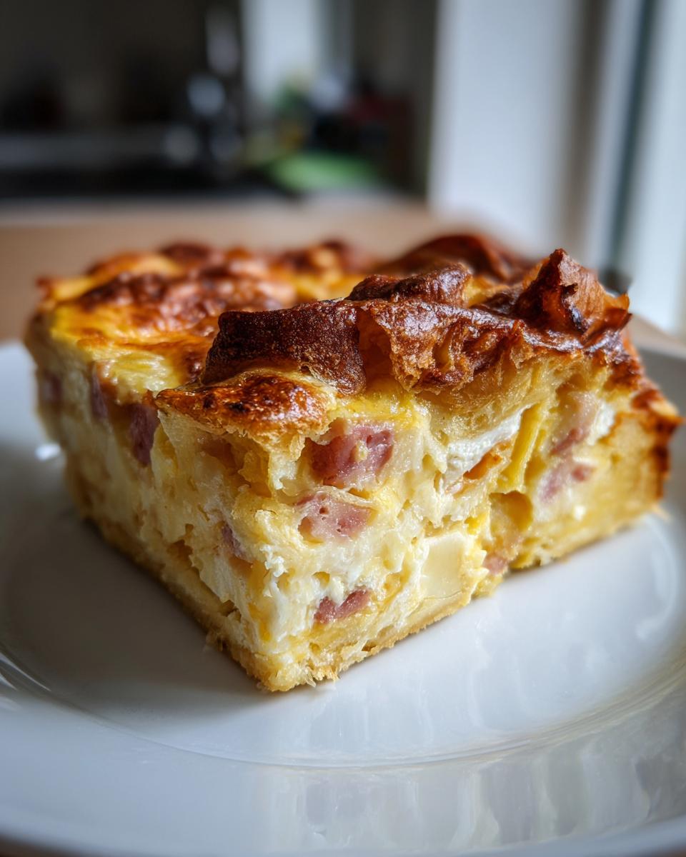 A close-up slice of golden brown Croissant Breakfast Casserole filled with eggs, cheese, and diced ham, served on a white plate.