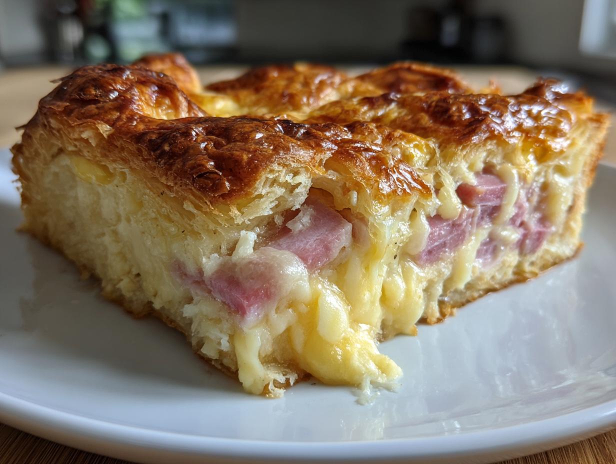 A close-up of a golden-brown slice of Croissant Breakfast Casserole filled with melted cheese and ham.
