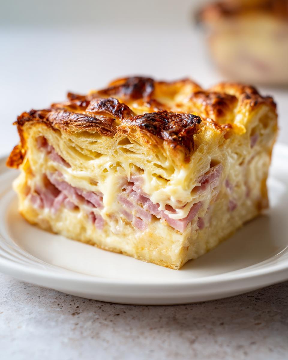 Close-up of a square slice of Croissant Breakfast Casserole showing flaky layers, ham, and melted cheese.