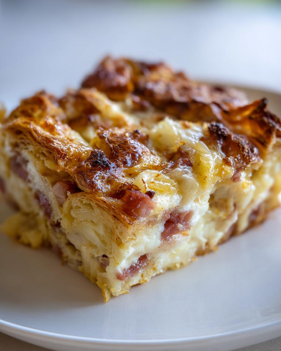 Close-up of a golden-brown slice of Croissant Breakfast Casserole with visible layers of pastry, ham, and creamy filling.