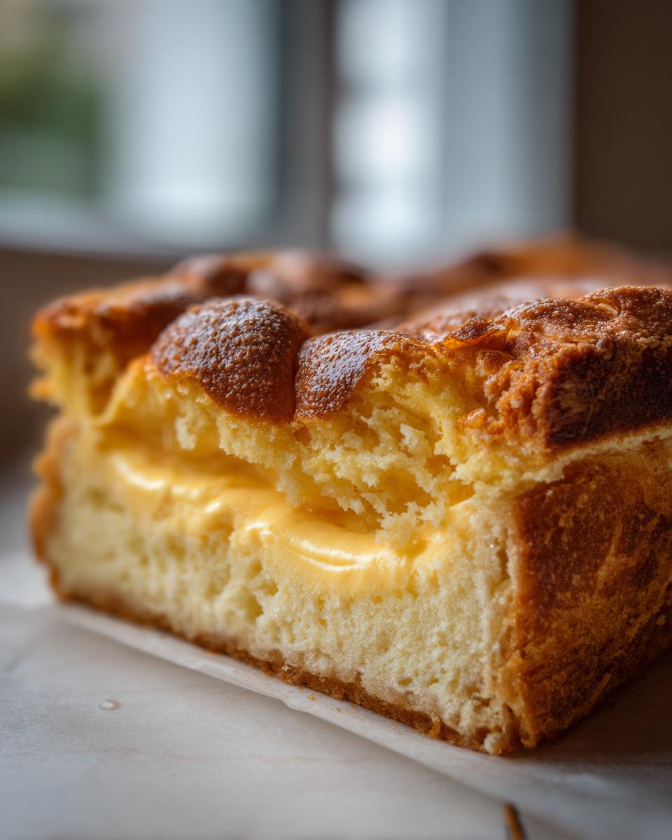Close-up of a thick slice showing the airy cake layer and rich vanilla cream filling of a bee sting cake.