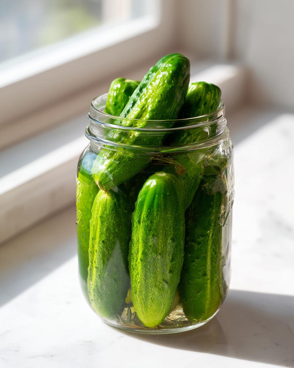 Several fresh, bumpy green cucumbers packed tightly into a clear glass jar, ready for making refrigerator pickles.