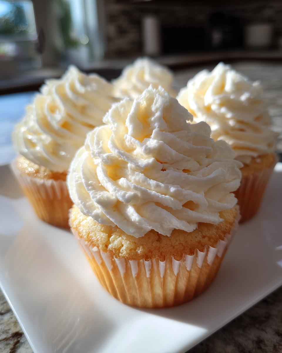 Four vanilla cupcakes topped high with perfectly piped vanilla buttercream frosting, sitting on a white plate.