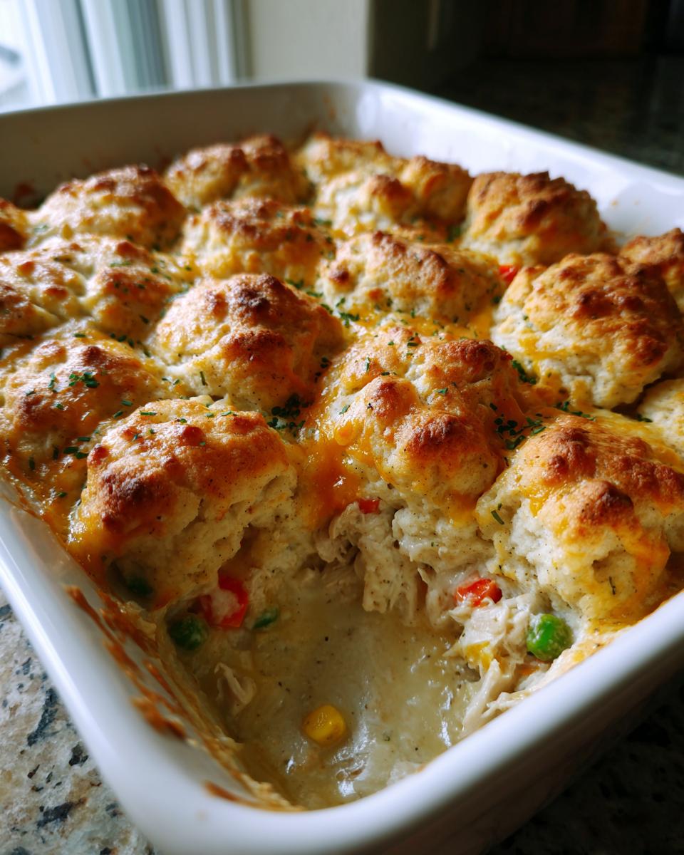 A close-up of an easy chicken cobbler in a white baking dish, showing golden biscuits and creamy chicken filling with vegetables.