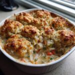 Close-up of a freshly baked chicken cobbler with golden biscuits topping a creamy chicken and vegetable filling.