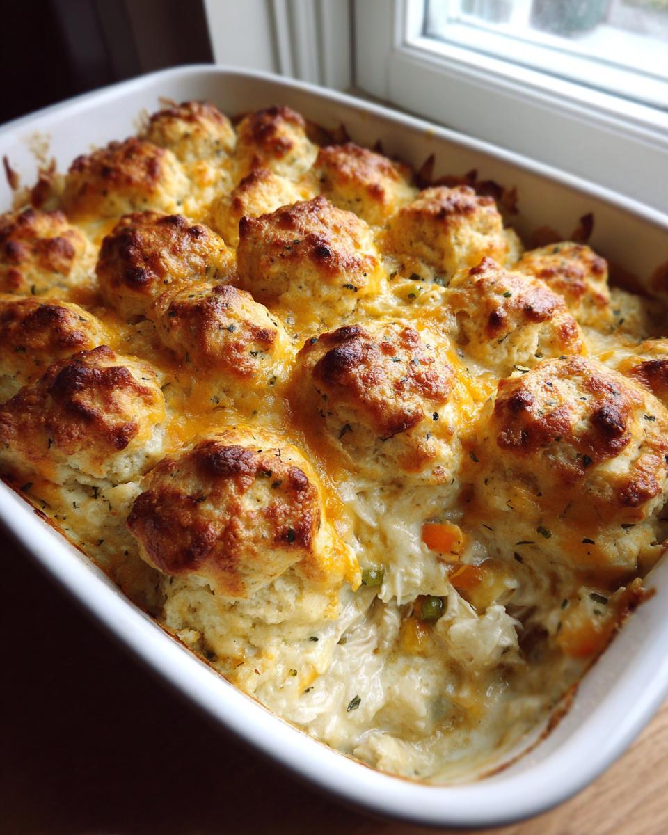 Close-up of a freshly baked chicken cobbler with golden biscuit topping and melted cheese.