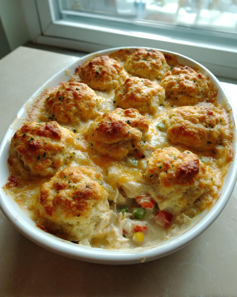 A close-up of a baked chicken cobbler in a white oval dish, topped with golden biscuits and melted cheese.