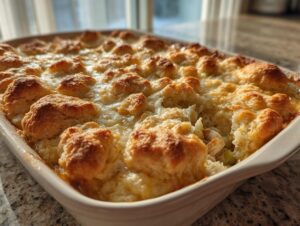 Close-up of a golden-brown, bubbly easy chicken cobbler with biscuit topping fresh from the oven.