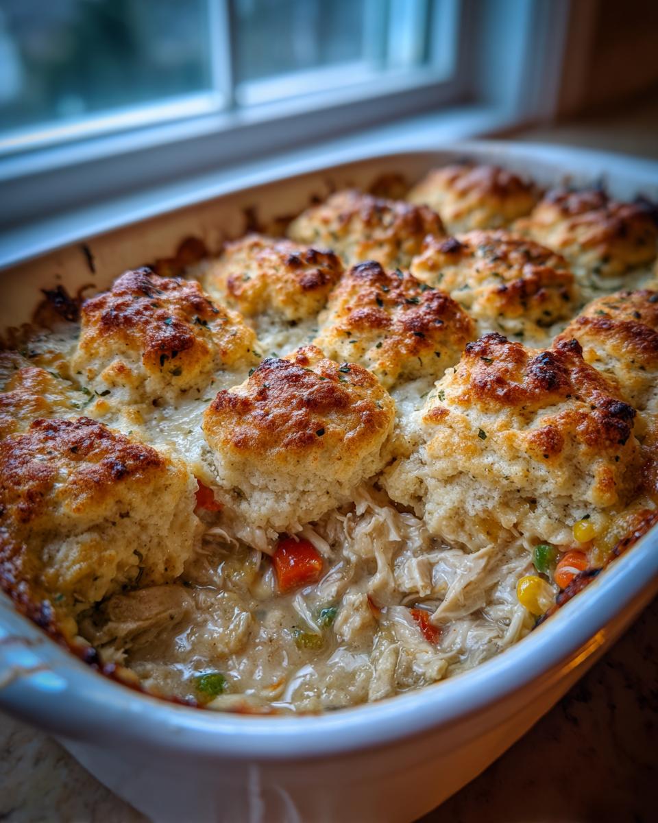Close-up of a baked chicken cobbler in a white dish, showing golden biscuits over creamy chicken and vegetables.