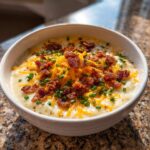 A creamy bowl of easy crockpot potato soup topped with shredded cheddar, bacon bits, and fresh chives.