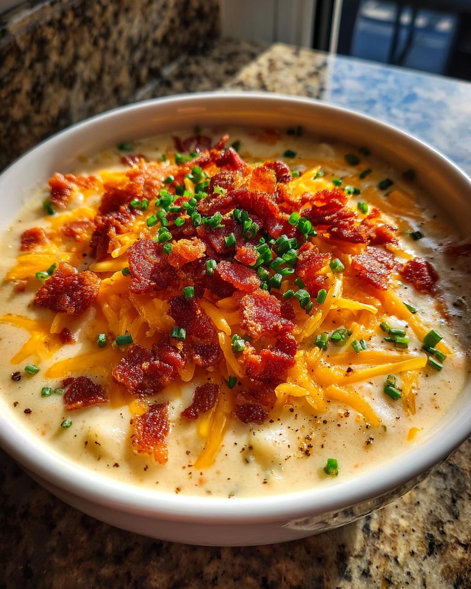 A creamy bowl of easy crockpot potato soup topped generously with shredded cheddar cheese, crispy bacon bits, and fresh chives.