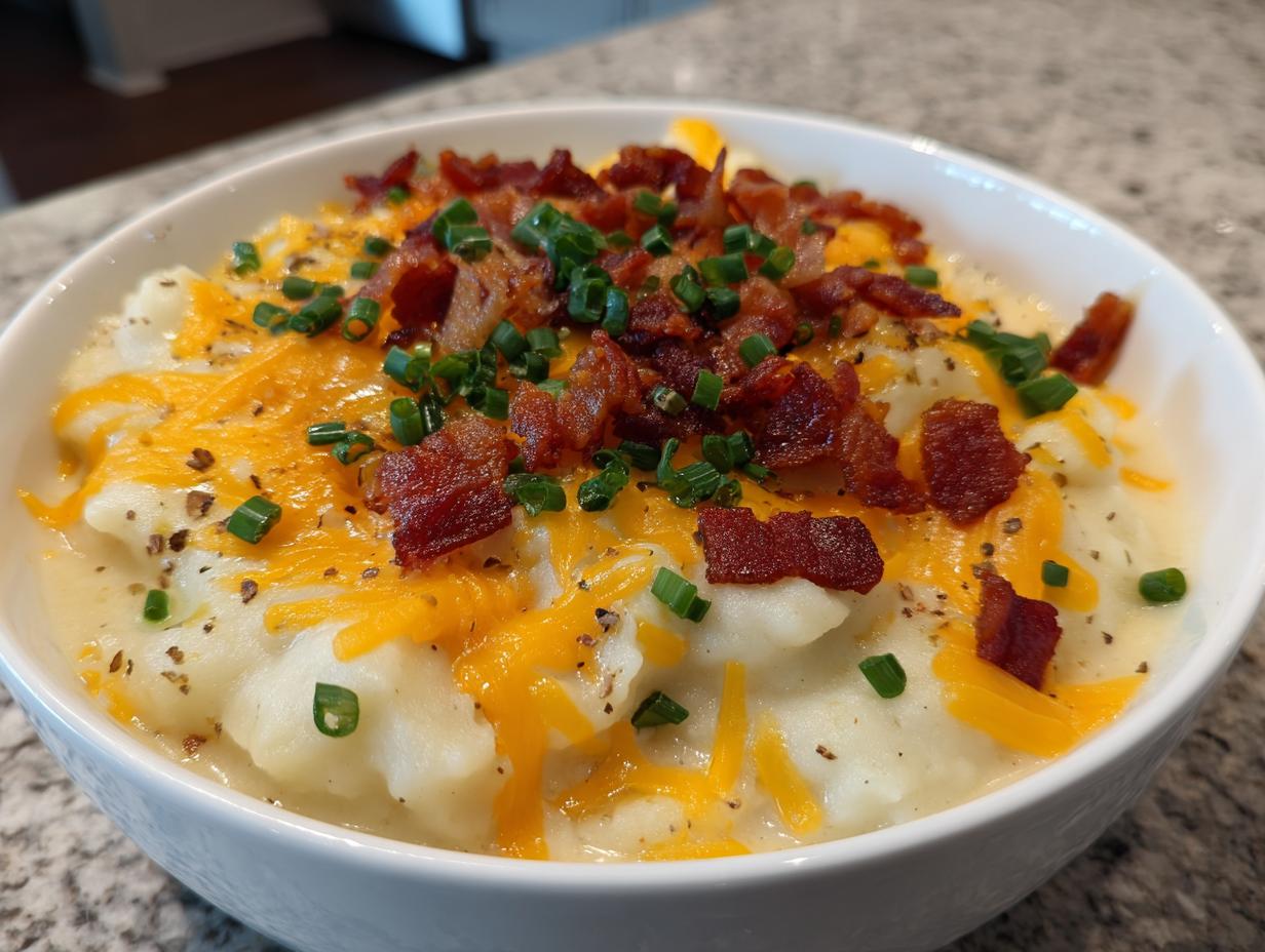 A close-up of a bowl of creamy easy crockpot potato soup topped with shredded cheddar cheese, bacon bits, and chives.