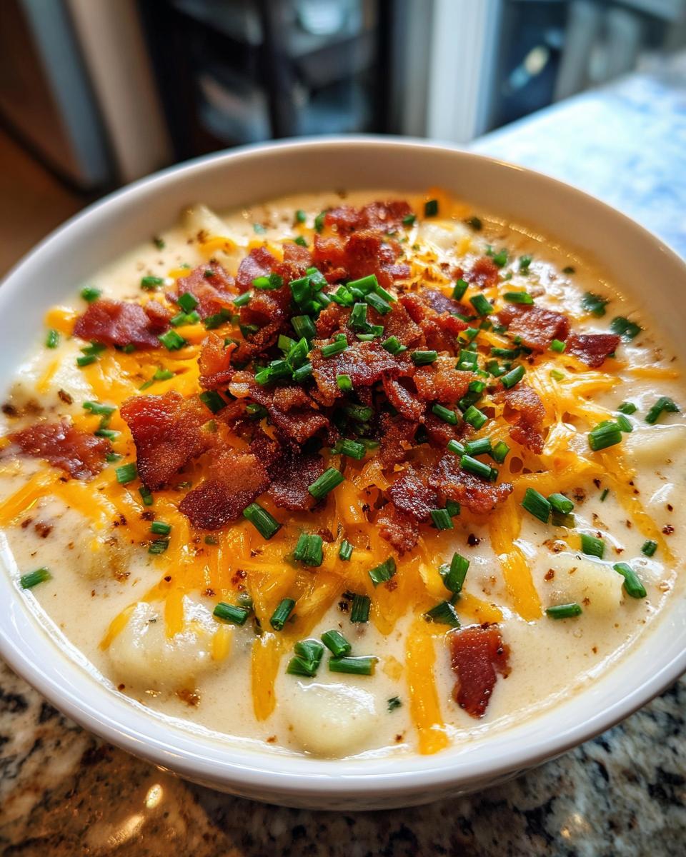 Close-up of a bowl of easy crockpot potato soup topped with bacon, cheddar, and chives.