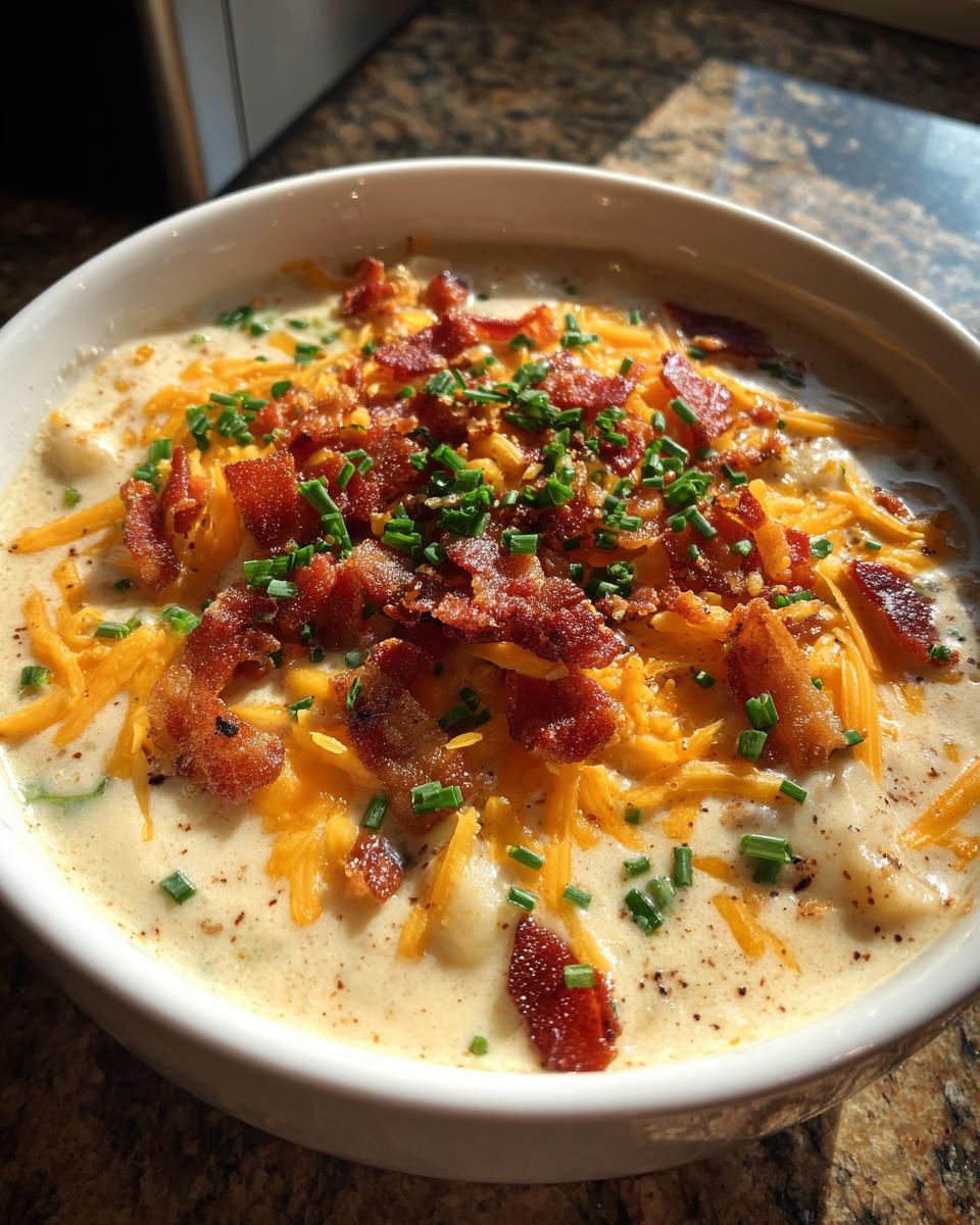 A creamy bowl of easy crockpot potato soup topped generously with shredded cheddar cheese, bacon bits, and fresh chives.