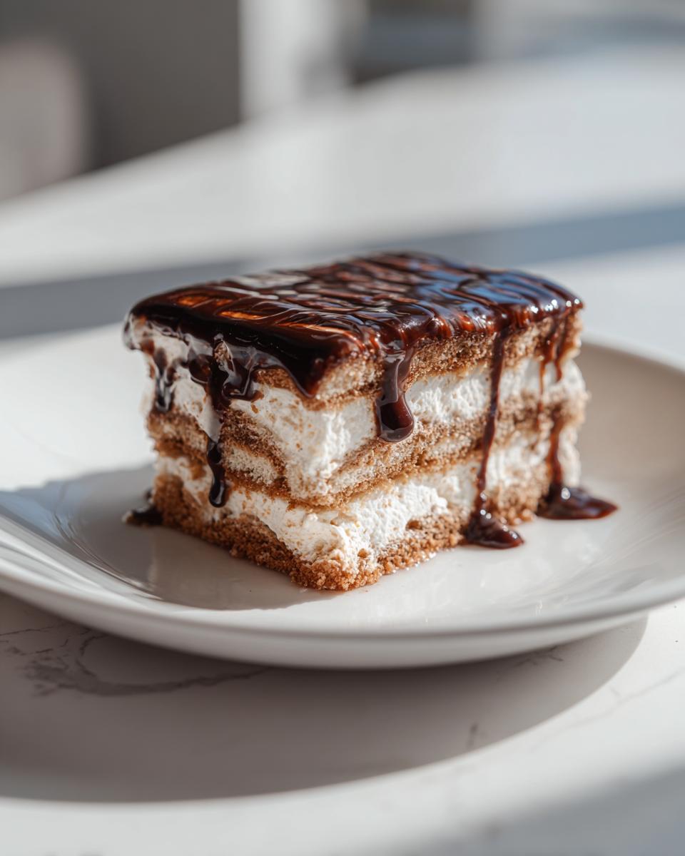 A square slice of layered eclair cake featuring graham crackers, cream filling, and rich chocolate glaze.
