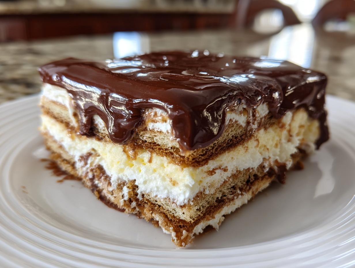Close-up of a decadent slice of eclair cake layered with cream and graham crackers, topped with glossy chocolate ganache.