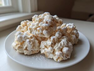 A small stack of white, fluffy avalanche cookies dusted with powdered sugar on a white plate.