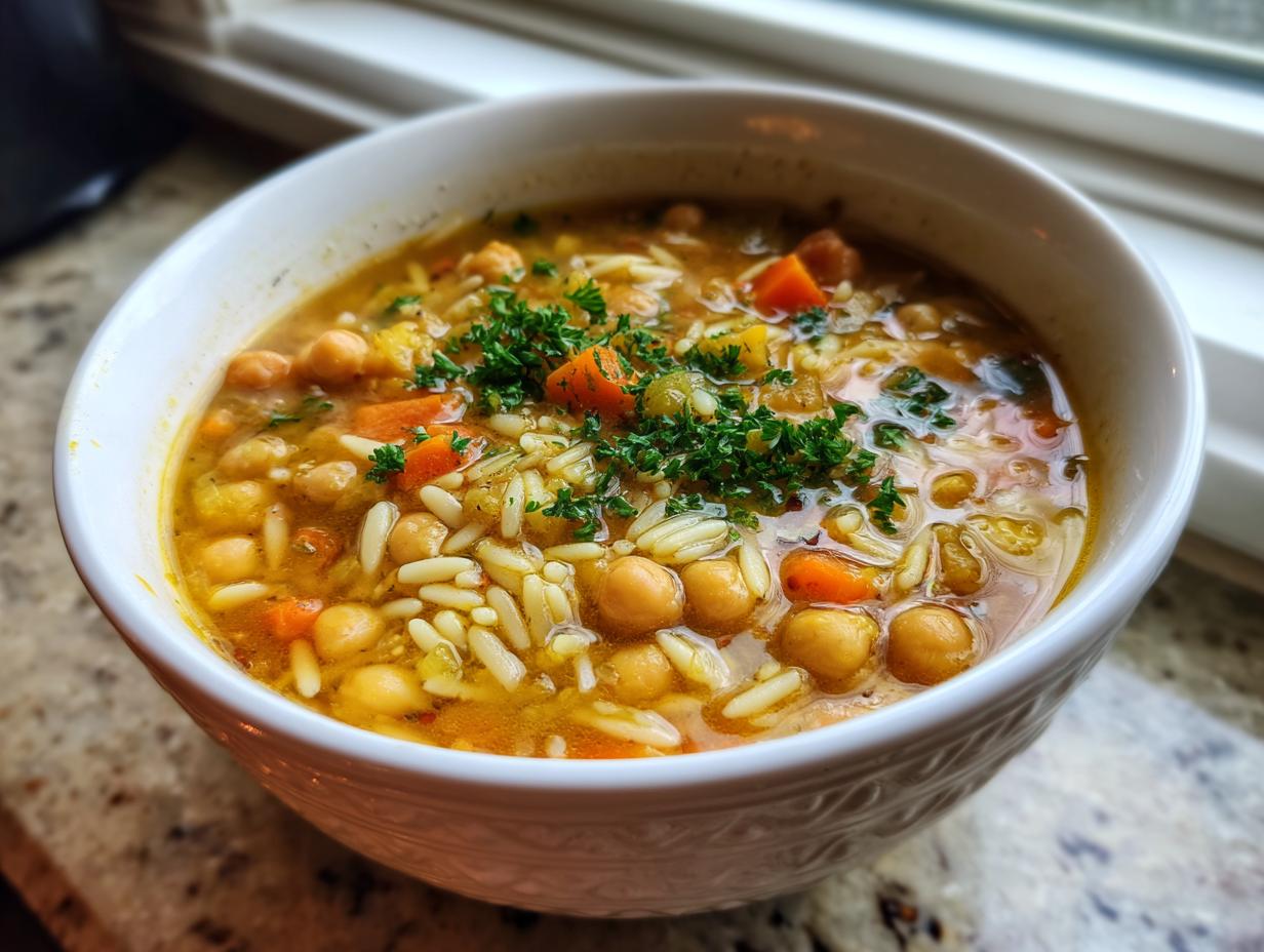 A close-up of a white bowl filled with warm chickpea soup, featuring chickpeas, orzo pasta, carrots, and fresh parsley.