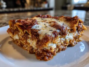 Close-up of a hearty slice of instant pot lasagna featuring layers of pasta, meat sauce, ricotta, and melted mozzarella cheese.