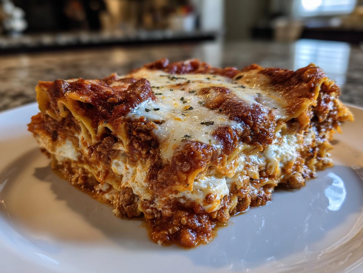 Close-up of a hearty slice of instant pot lasagna featuring layers of pasta, meat sauce, ricotta, and melted mozzarella cheese.