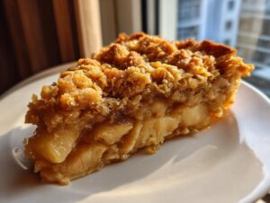 Close-up of a generous slice of golden apple crumble showing tender cooked apples beneath a thick, crunchy oat topping.