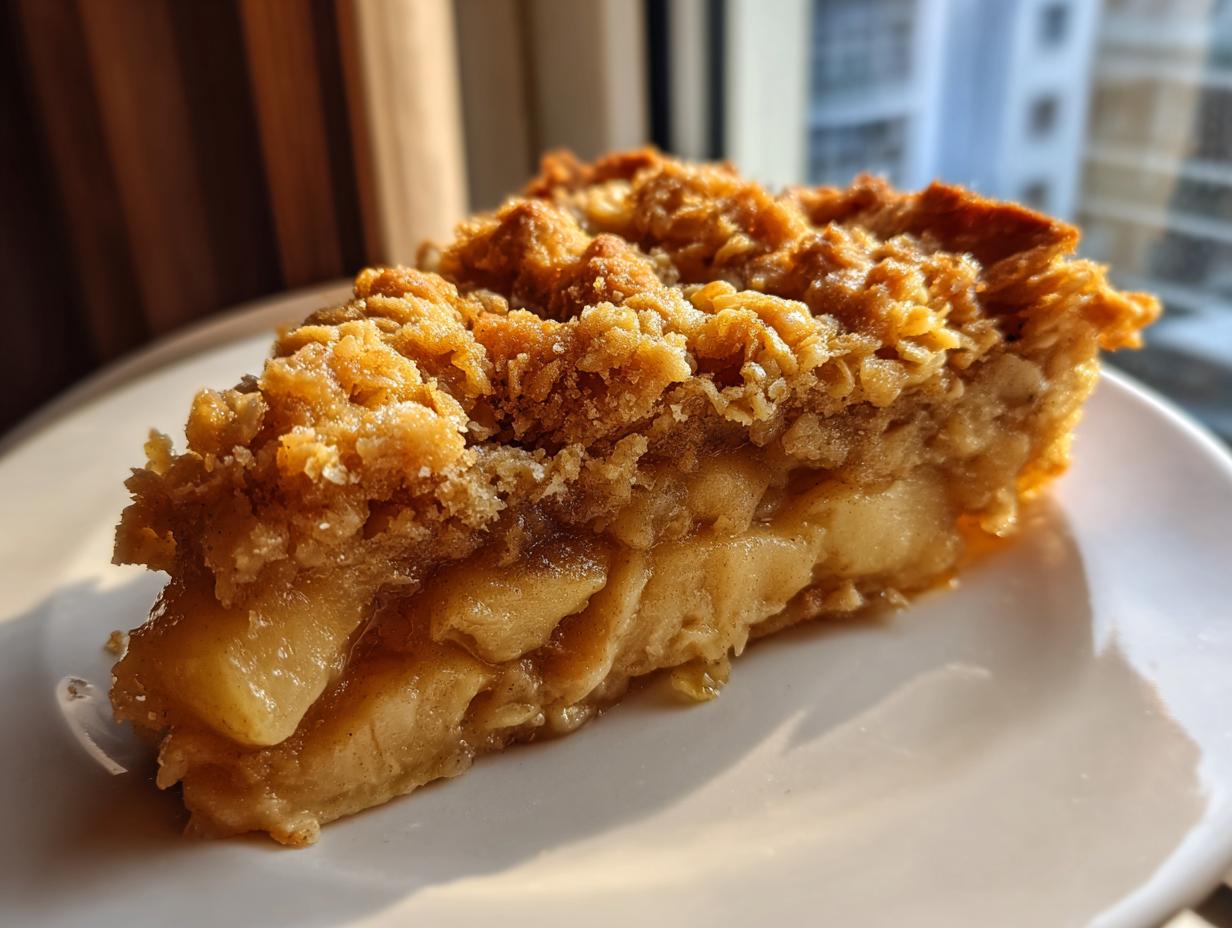 Close-up of a generous slice of golden apple crumble showing tender cooked apples beneath a thick, crunchy oat topping.